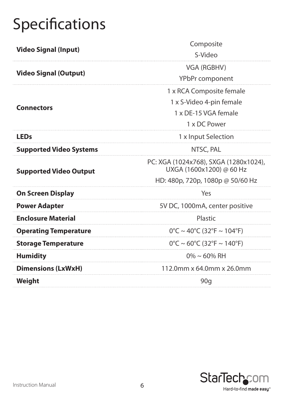 Specifications | StarTech.com VID2VGATV2 User Manual | Page 9 / 11