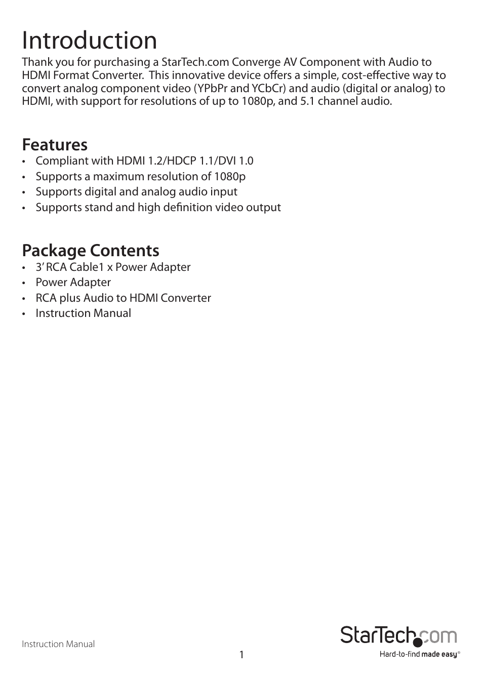 Introduction, Features, Package contents | StarTech.com CPNTA2HDMI User Manual | Page 4 / 9