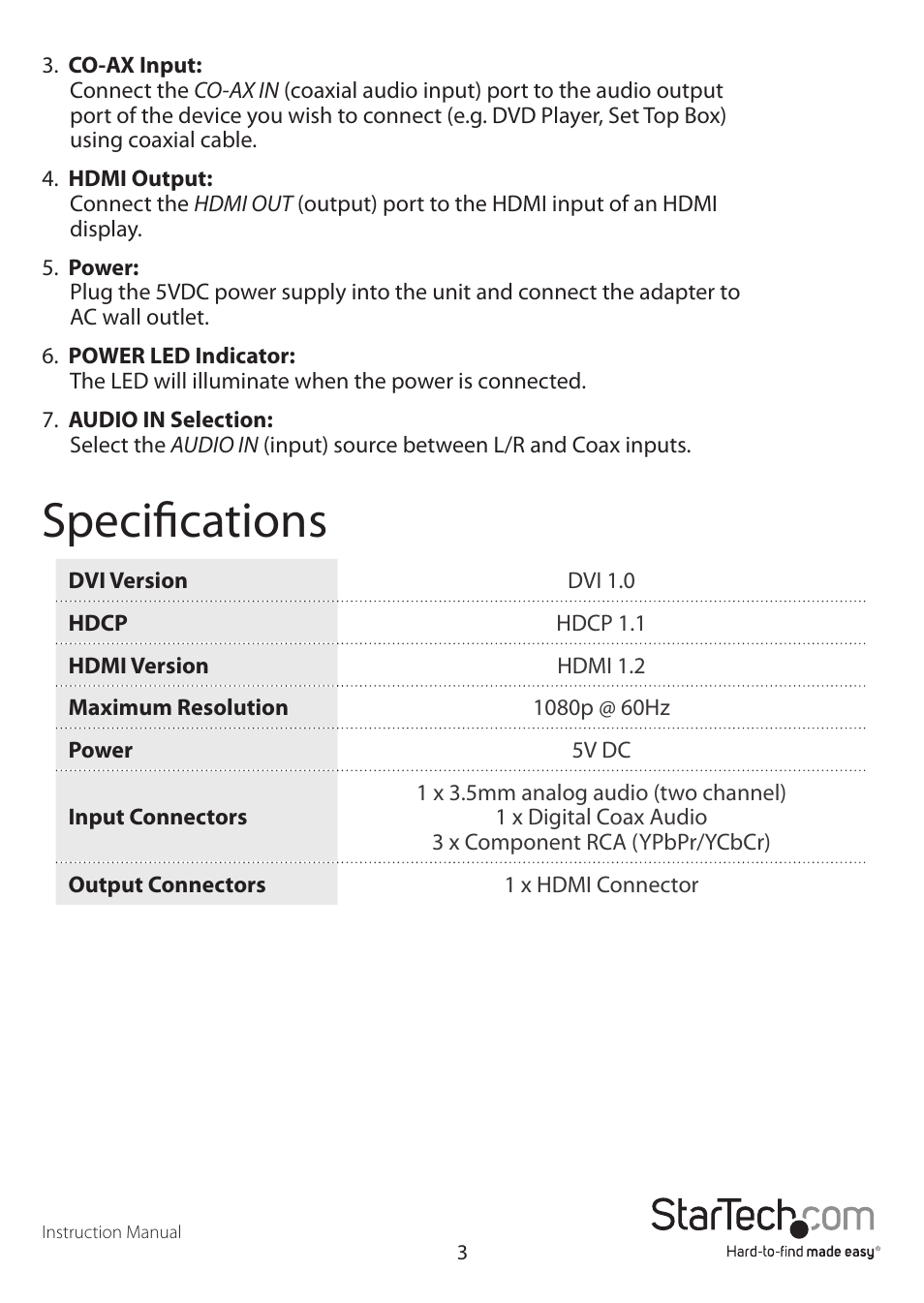 Specifications | StarTech.com CPNTA2HDMI User Manual | Page 6 / 9
