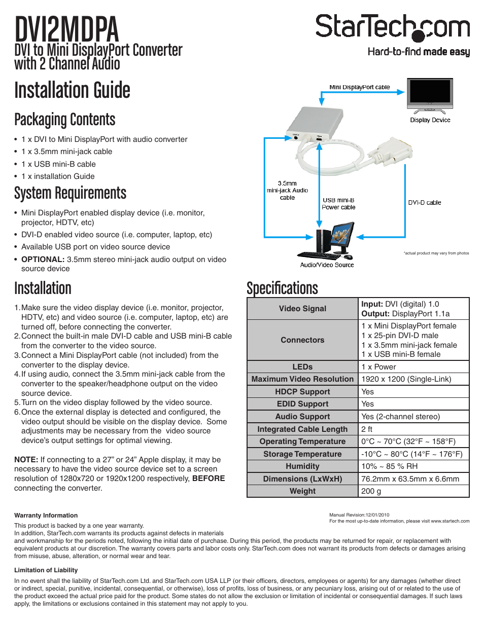 StarTech.com DVI2MDPA User Manual | 1 page