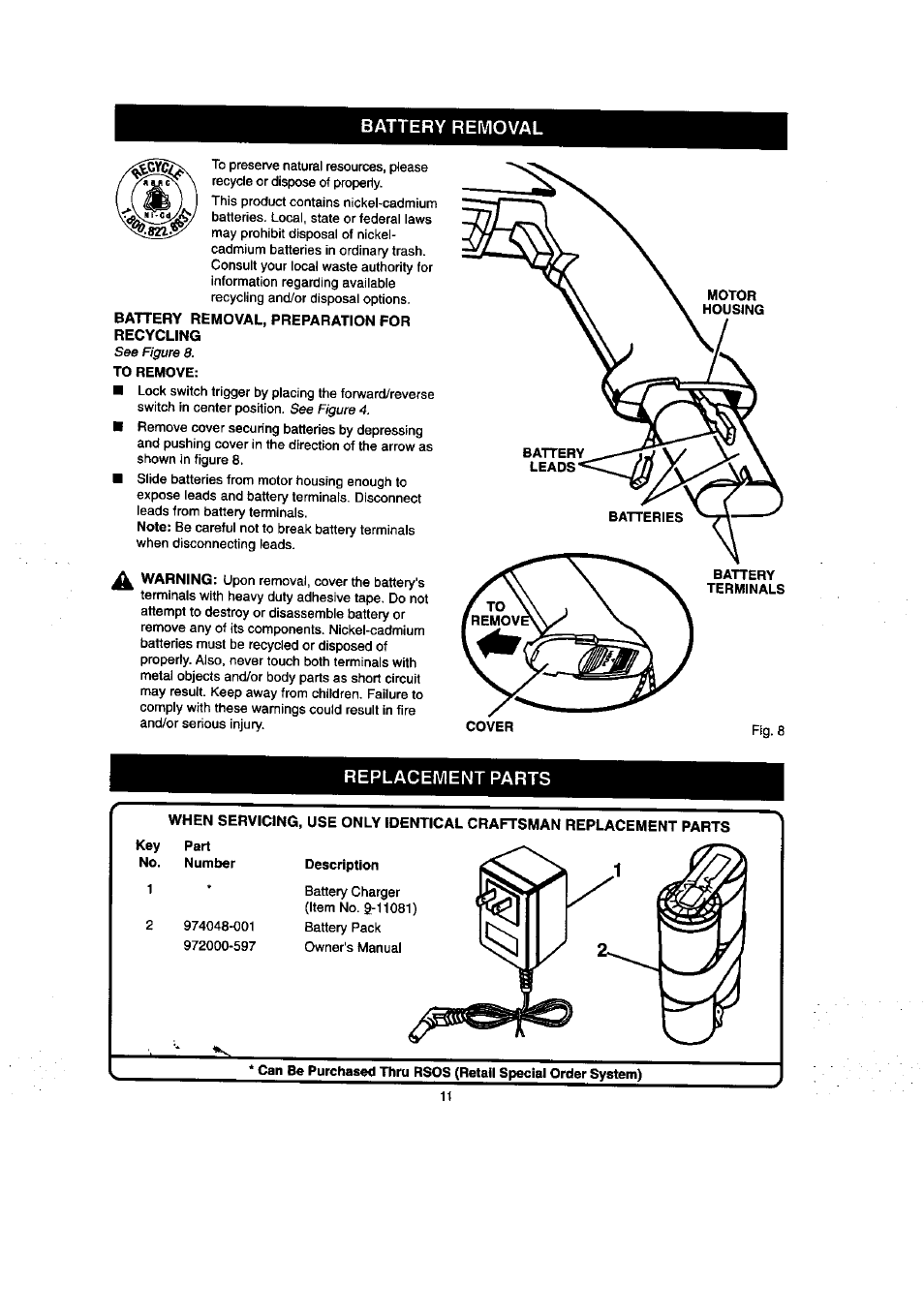 Battery removal, Replacement parts | Craftsman 315.111640 User Manual | Page 11 / 12