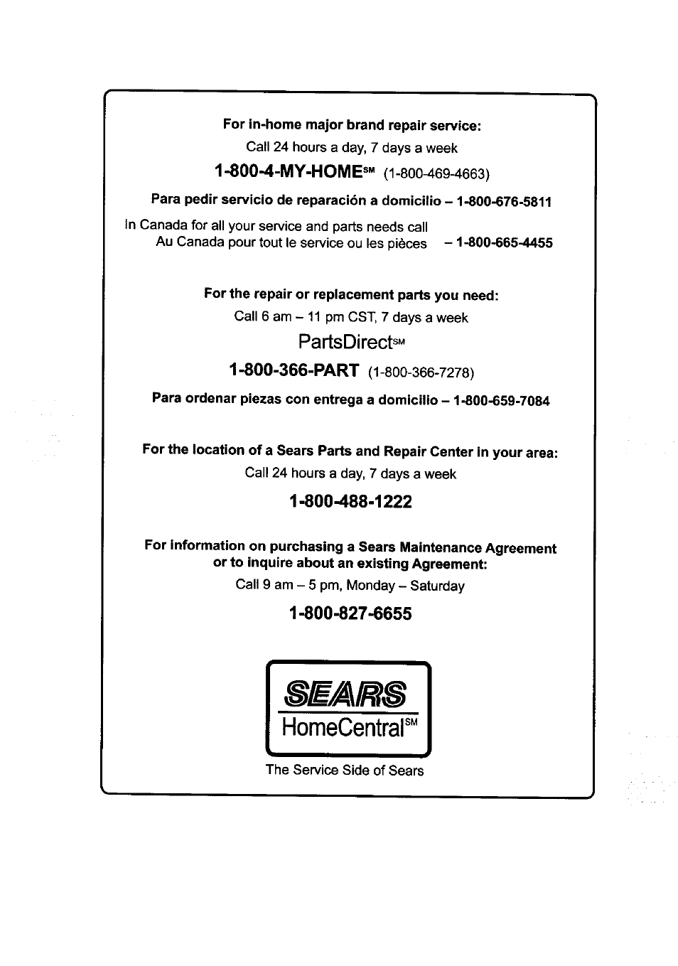 800-4-my-home®“ (1-800-469-4663), Partsdirect sm, 800-4-my-home | Partsdirect | Craftsman 315.111640 User Manual | Page 12 / 12