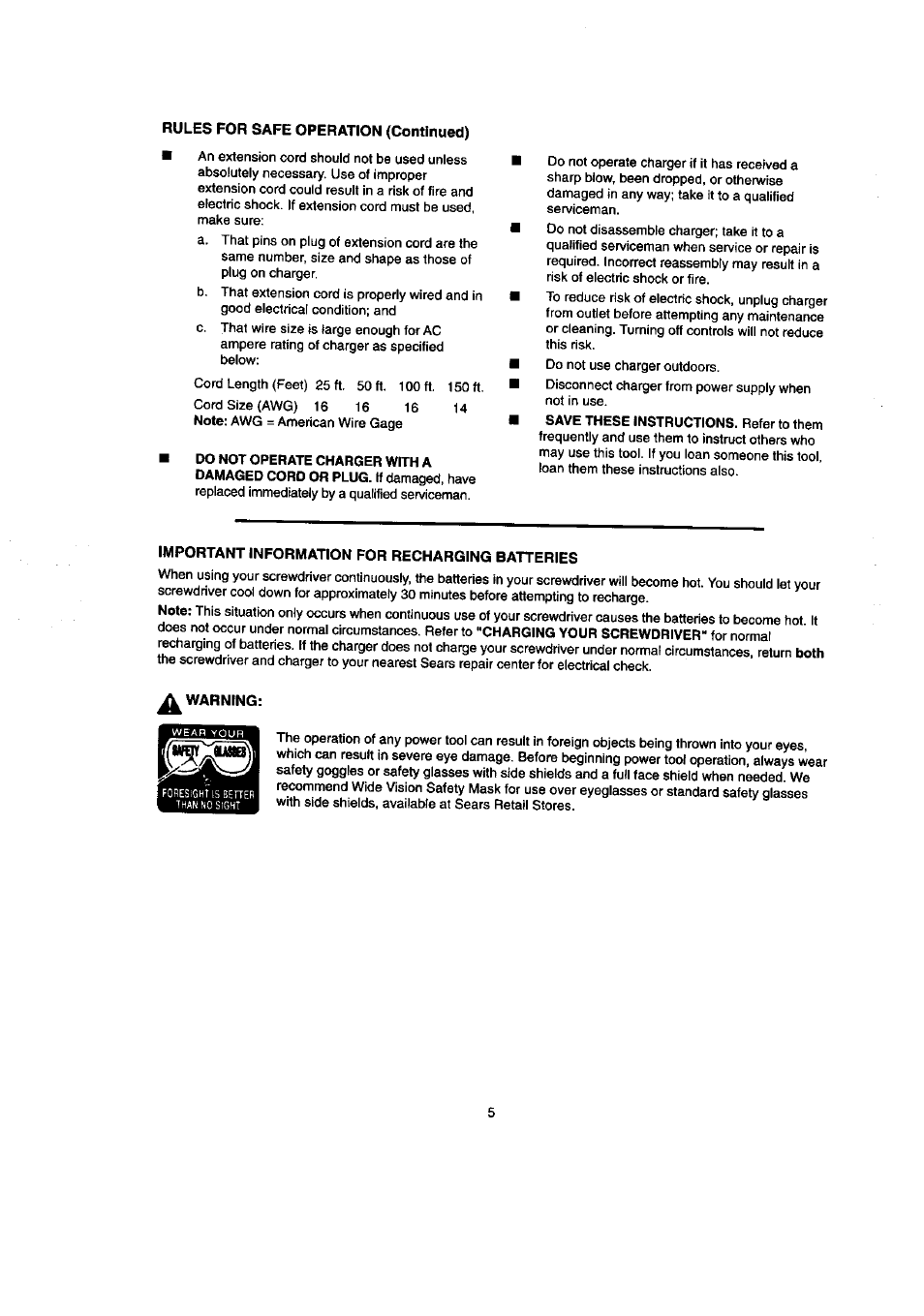 Rules for safe operation (continued) | Craftsman 315.111640 User Manual | Page 5 / 12