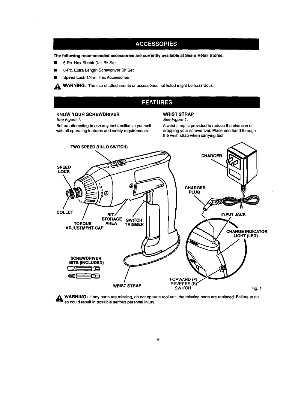 Accessories, Features | Craftsman 315.111640 User Manual | Page 6 / 12