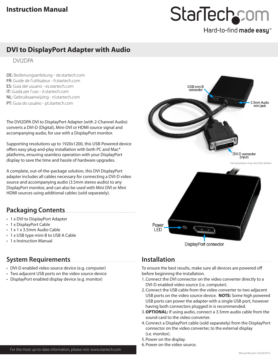 StarTech.com DVI2DPA User Manual | 2 pages