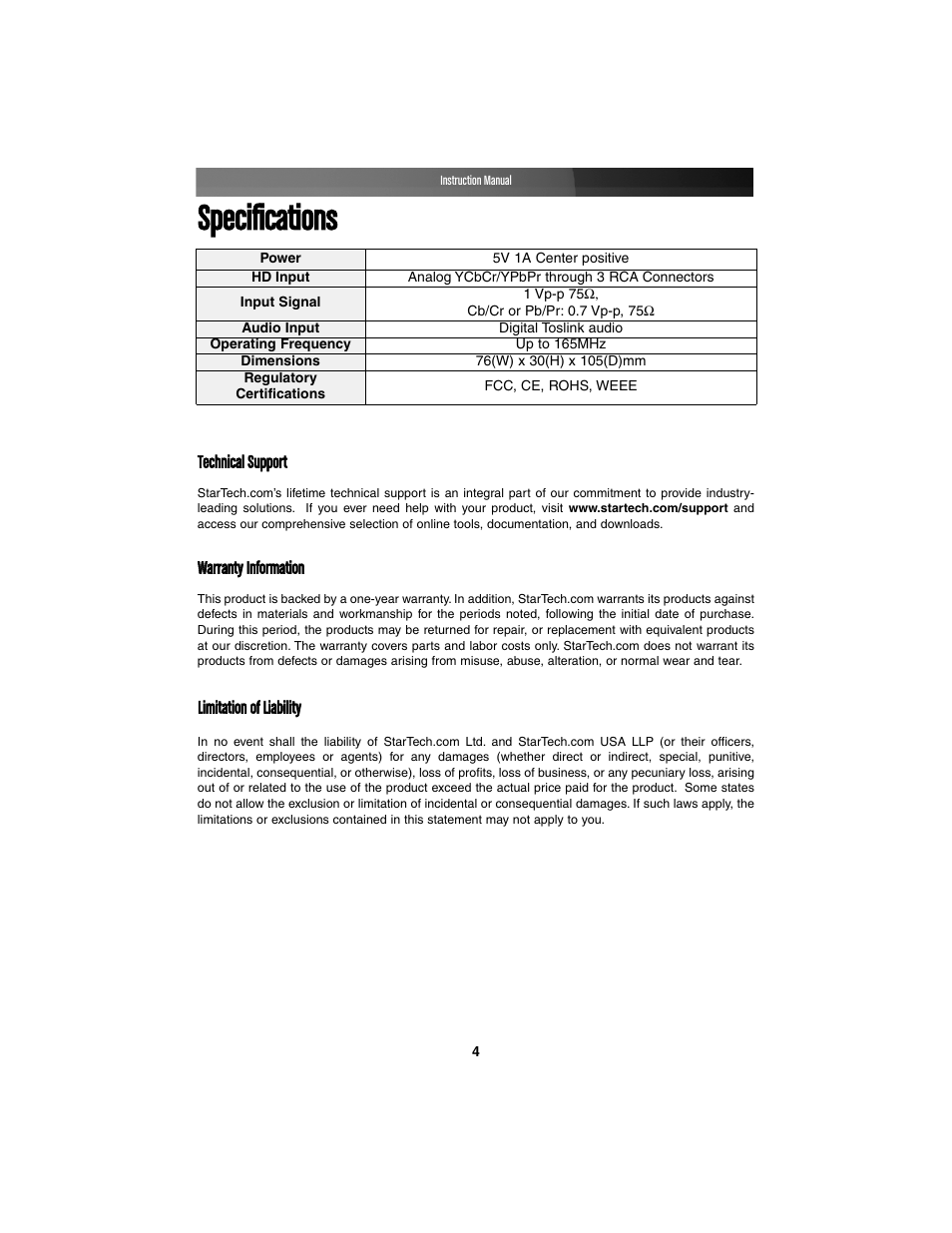 Specifications | StarTech.com CPNTTOSHDMI User Manual | Page 7 / 8