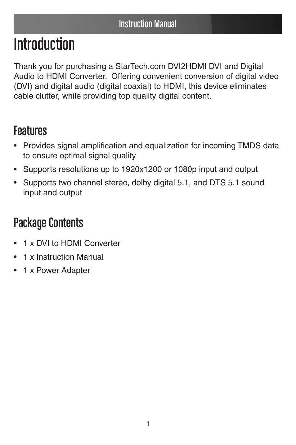 Introduction, Package contents, Features | Instruction manual | StarTech.com DVI2HDMI User Manual | Page 4 / 11