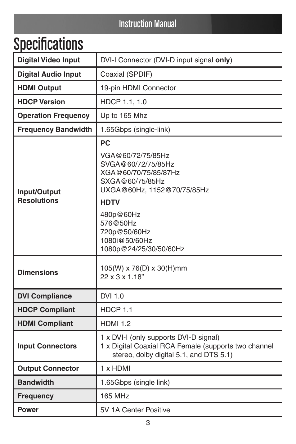 Specifications, Instruction manual | StarTech.com DVI2HDMI User Manual | Page 6 / 11