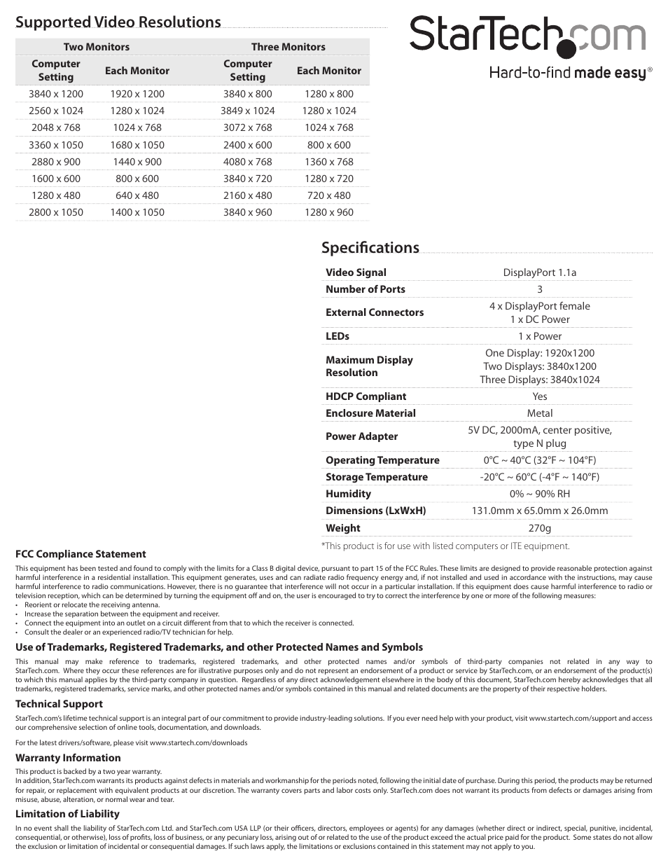 Specifications, Supported video resolutions | StarTech.com SP123DP User Manual | Page 2 / 2