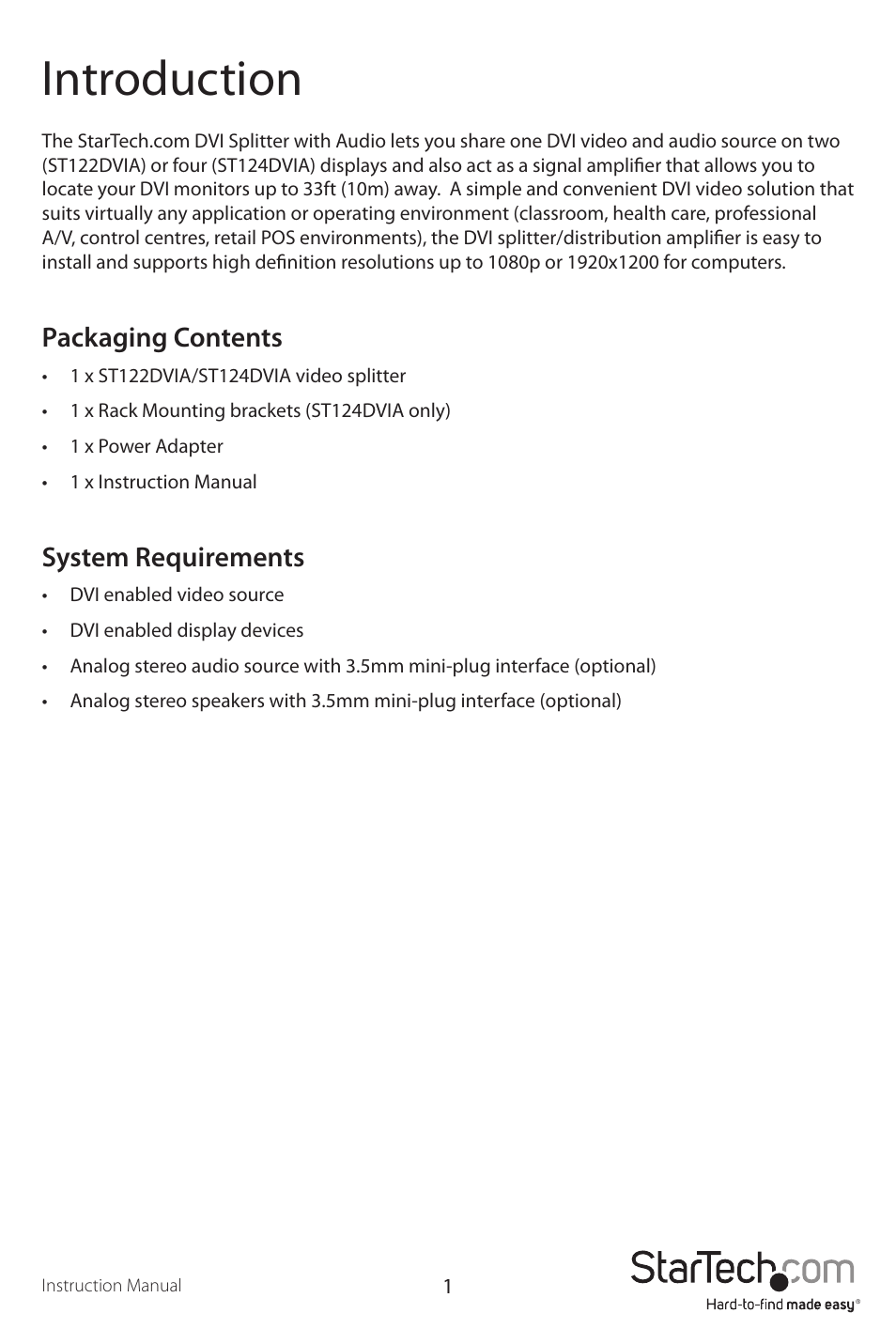 Introduction, Packaging contents, System requirements | StarTech.com ST124DVIA User Manual | Page 4 / 11