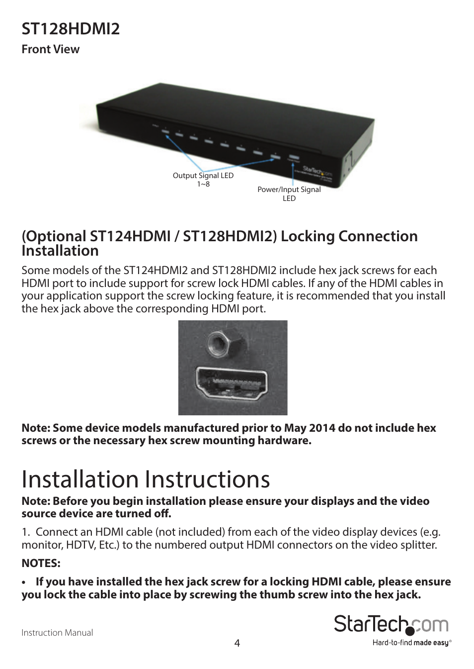 Installation instructions, St128hdmi2 | StarTech.com ST128HDMI2 User Manual | Page 7 / 11