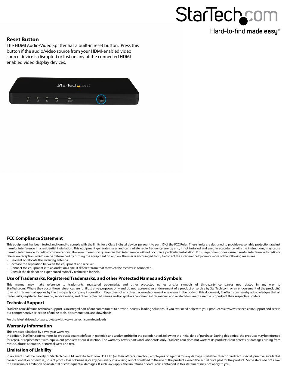 Reset button | StarTech.com ST122HD4KS User Manual | Page 2 / 2