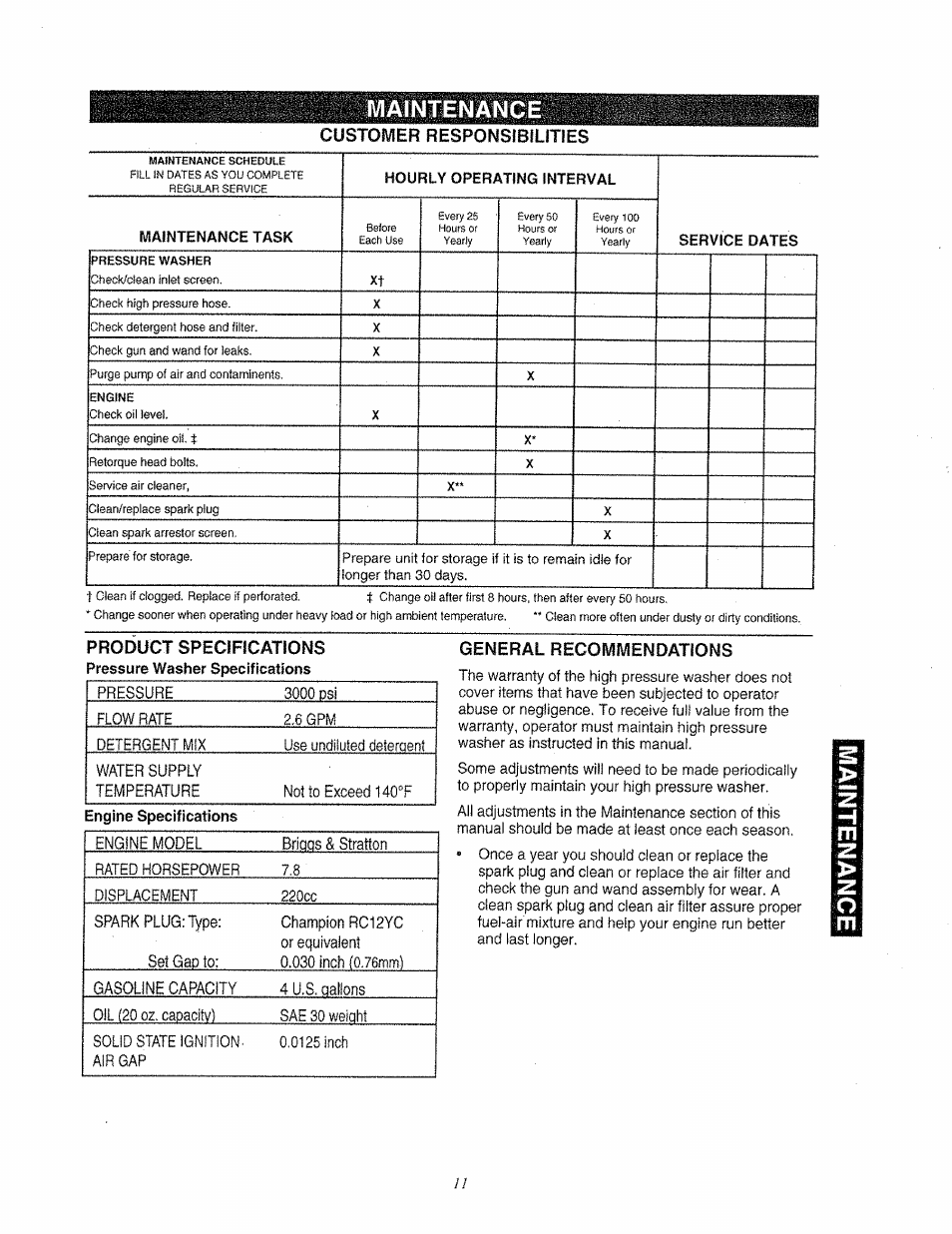 Maintenance, Customer responsibilities, General recommendations | Maintenance -14 | Craftsman 580.763000 User Manual | Page 11 / 26