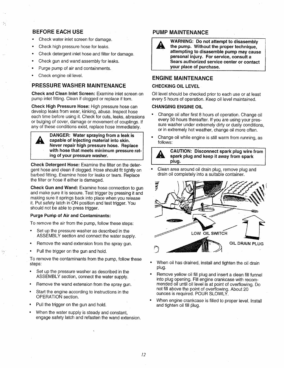 Before each use, Pressure washer maintenance, Pump maintenance | Engine maintenance | Craftsman 580.763000 User Manual | Page 12 / 26