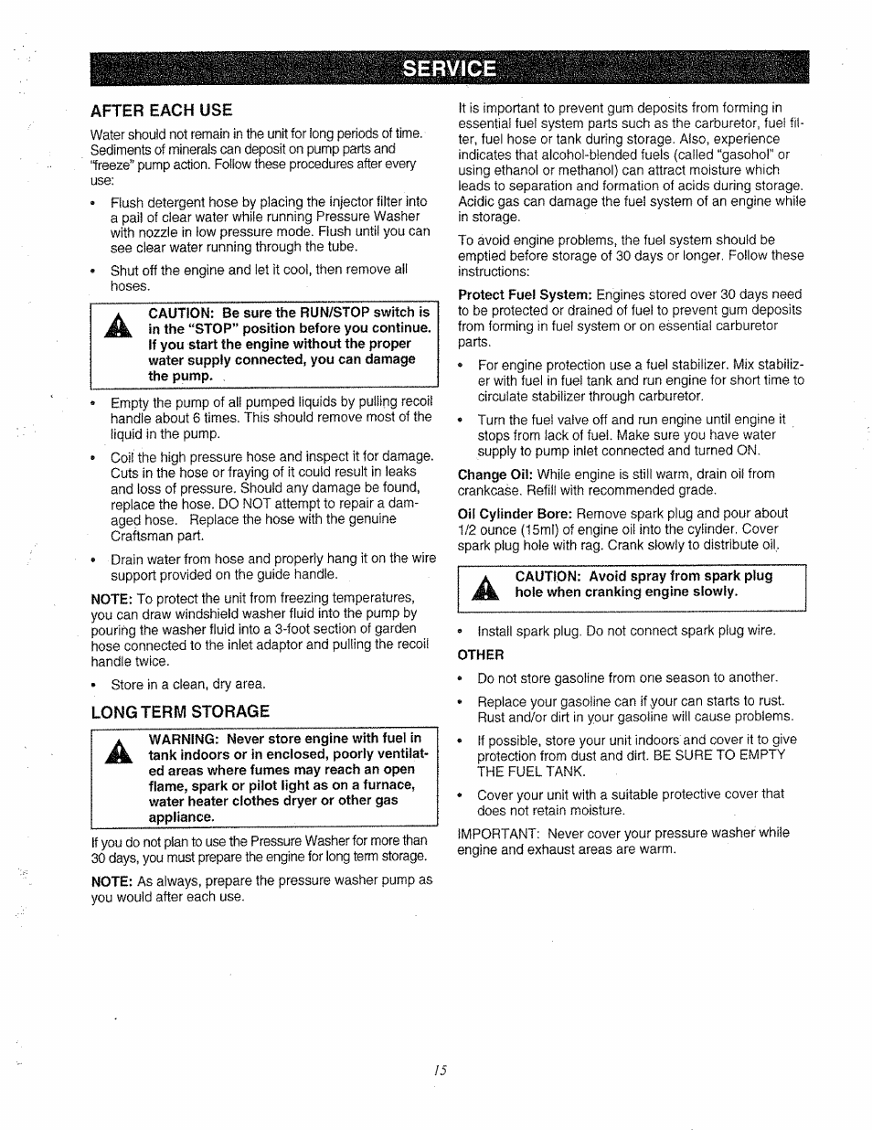 Service, After each use, Longterm storage | Craftsman 580.763000 User Manual | Page 15 / 26