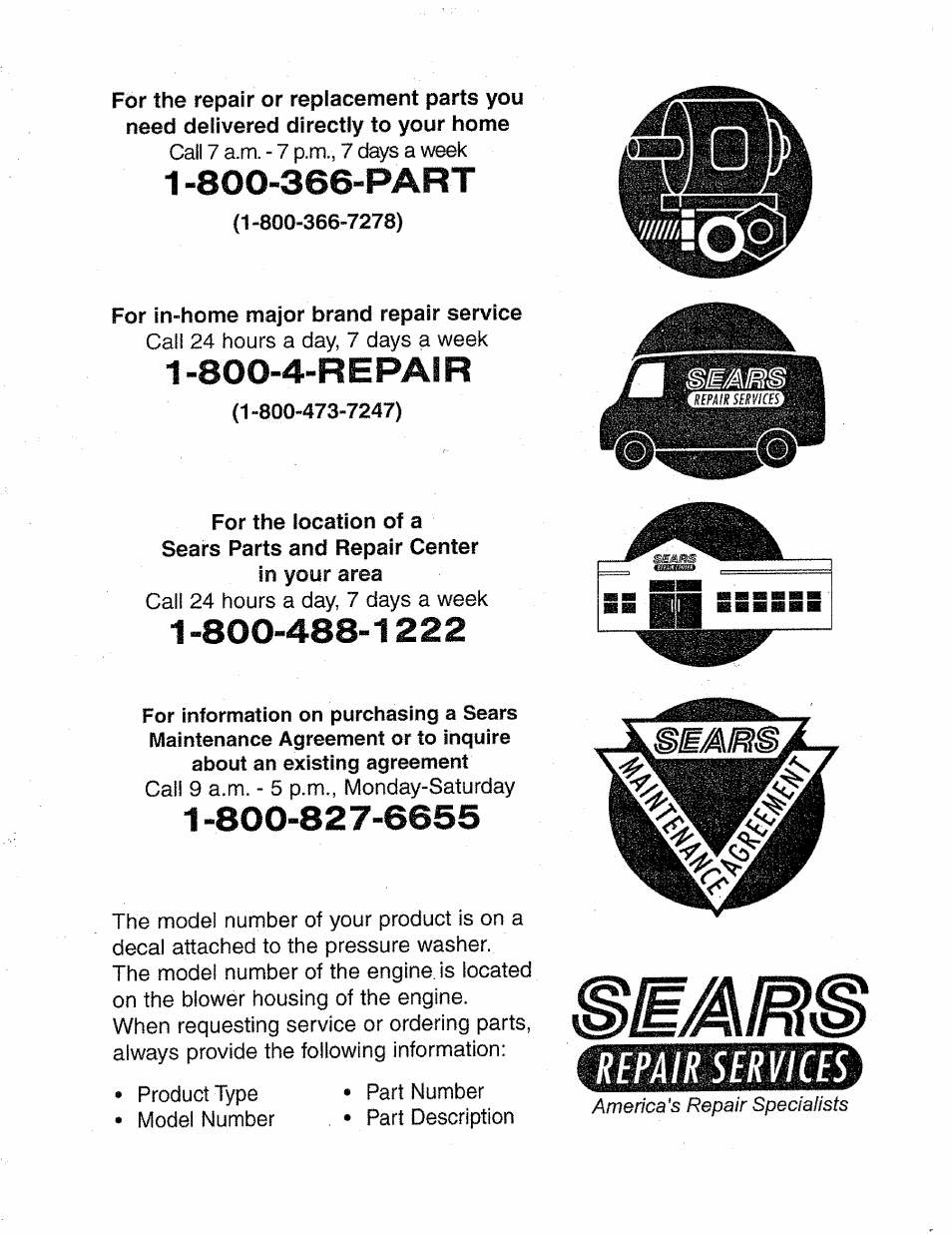 1 -800-366-part, 800-4-repair, Repair services | Craftsman 580.763000 User Manual | Page 26 / 26