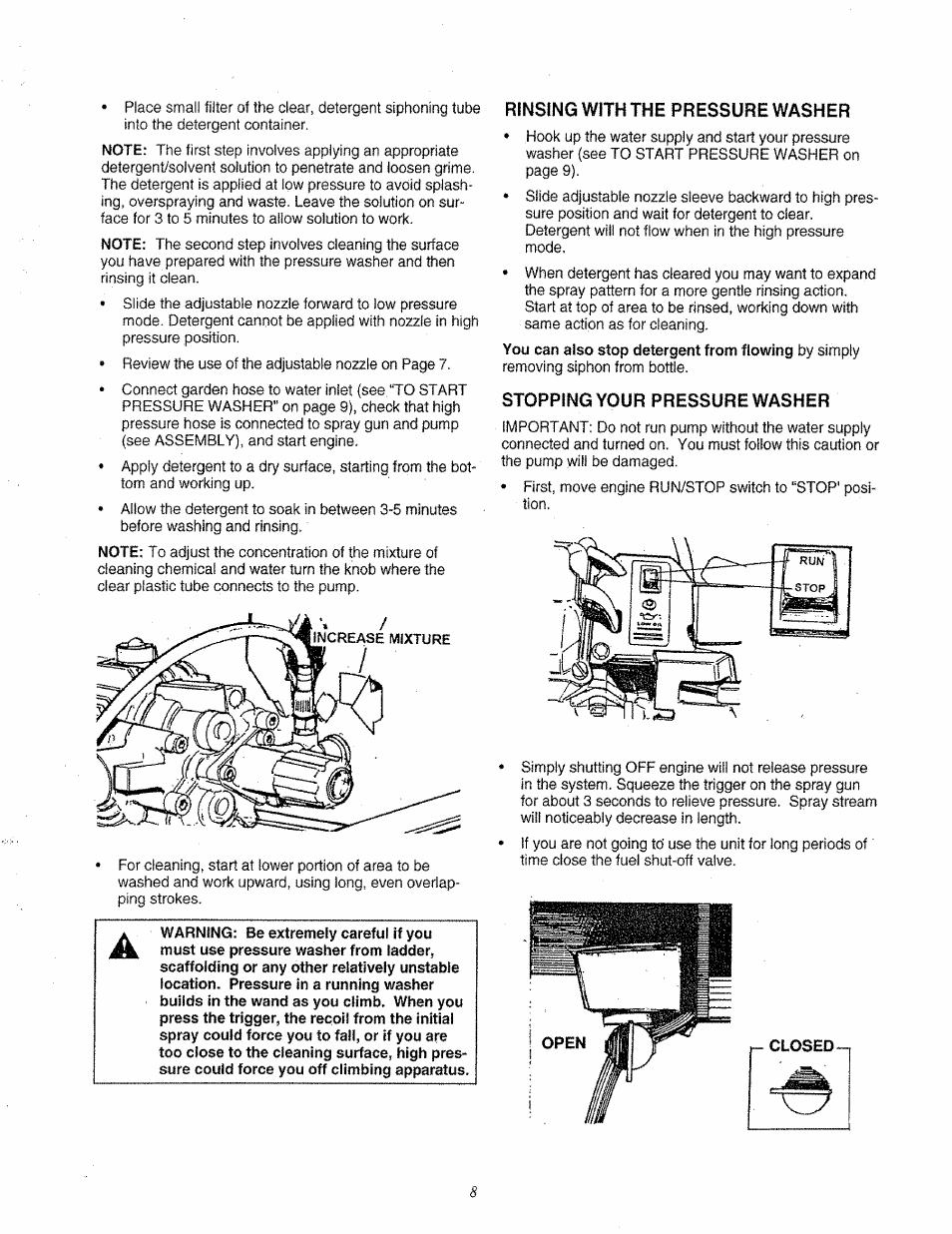 Stopping your pressure washer, Rinsing with the pressure washer | Craftsman 580.763000 User Manual | Page 8 / 26