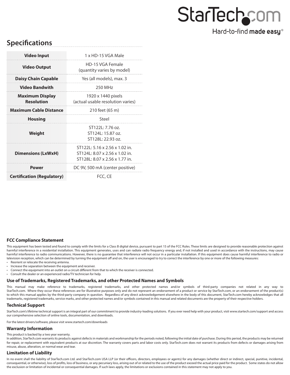 Specifications | StarTech.com ST128L User Manual | Page 2 / 2