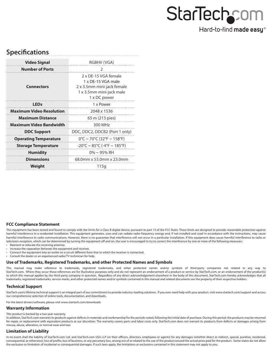 Specifications | StarTech.com ST122LEA User Manual | Page 2 / 2