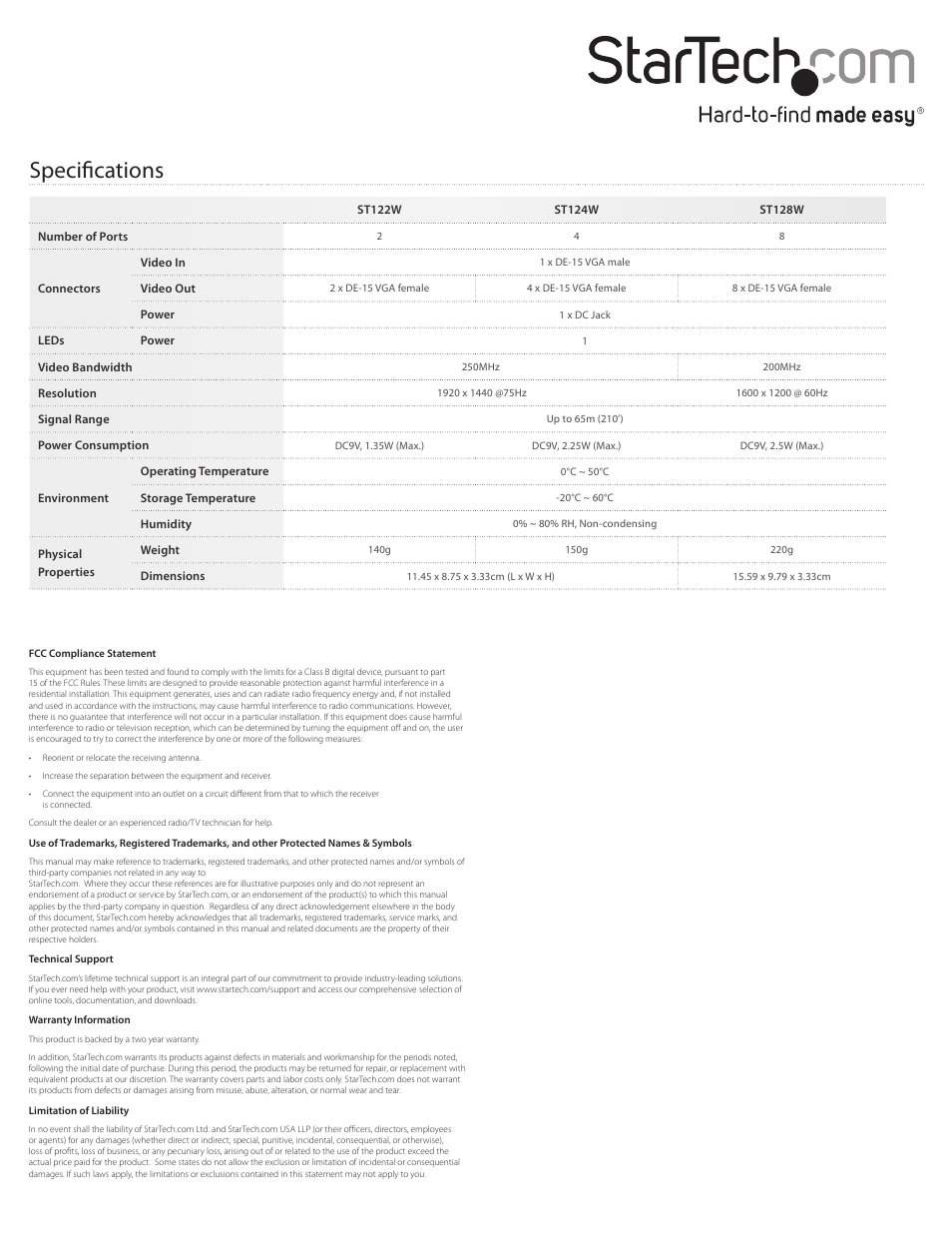 Specifications | StarTech.com ST128W User Manual | Page 2 / 2