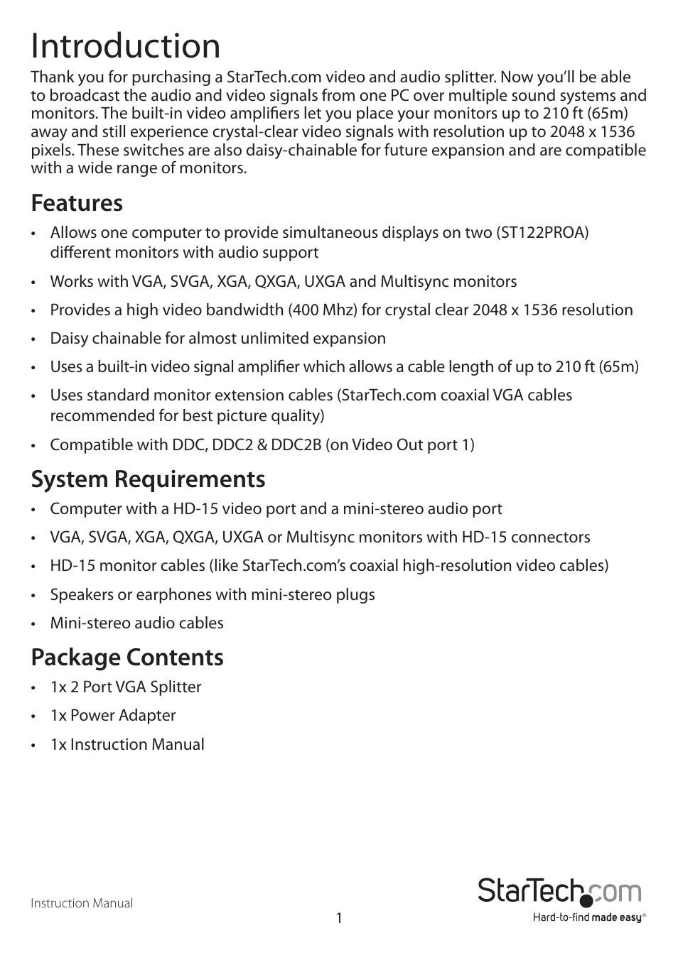 Introduction, Features, System requirements | Package contents | StarTech.com ST122PROAGB User Manual | Page 4 / 9