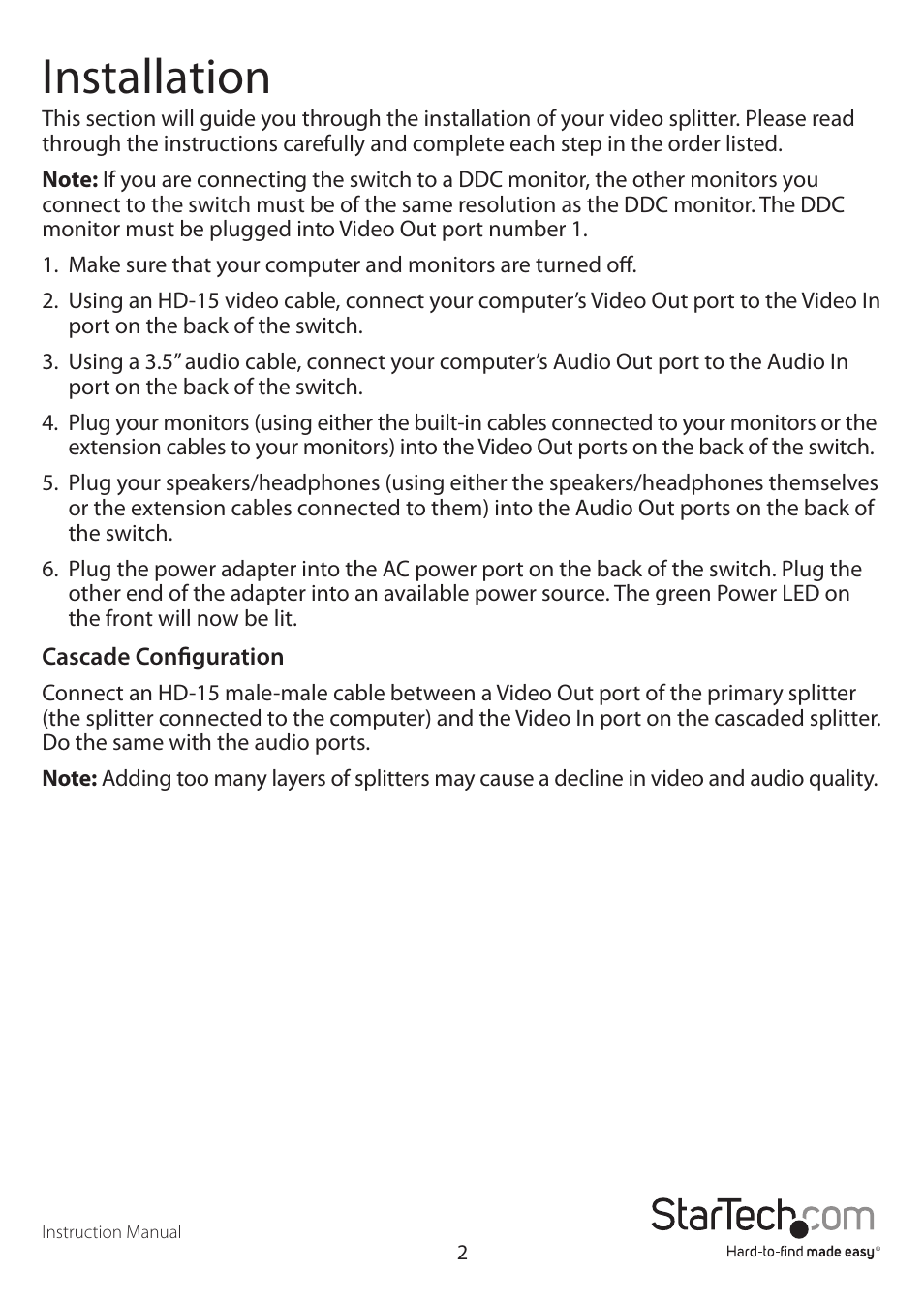 Installation | StarTech.com ST122PROAGB User Manual | Page 5 / 9