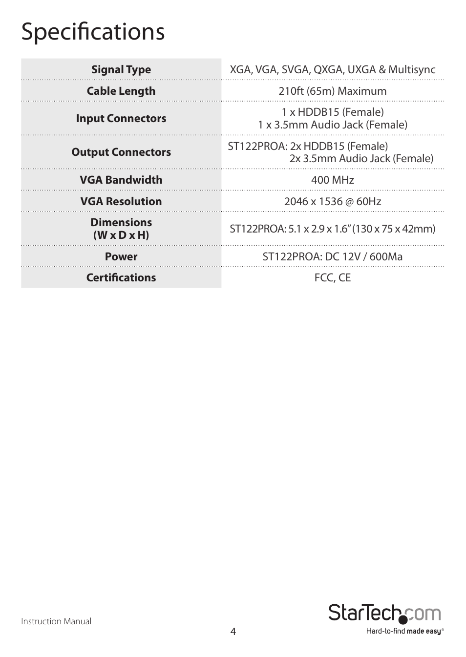 Specifications | StarTech.com ST122PROAGB User Manual | Page 7 / 9