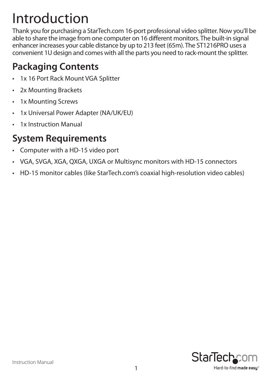 Introduction, Packaging contents, System requirements | StarTech.com ST1216PRO User Manual | Page 4 / 8