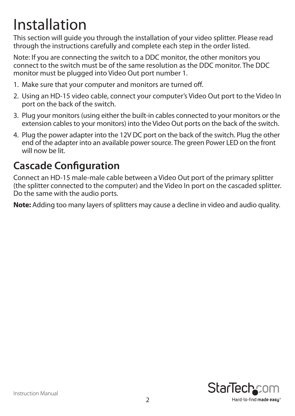 Installation, Cascade configuration | StarTech.com ST1216PRO User Manual | Page 5 / 8