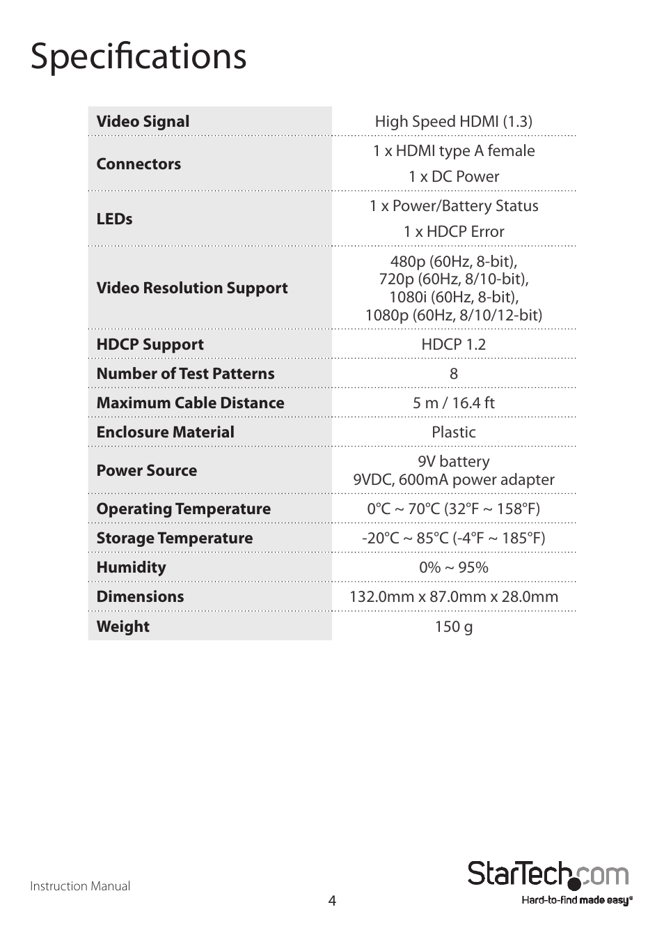 Specifications | StarTech.com HDMIPATRN2EU User Manual | Page 7 / 9