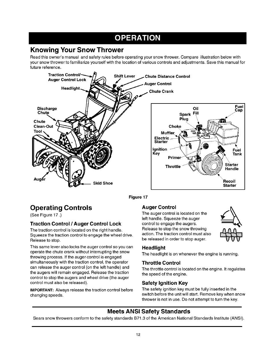 Operation, Knowing your snow thrower, Operating controls | Traction control / auger control lock, Auger control, Headlight, Throttle control, Safety ignition key, Meets ansi safety standards | Craftsman 247.888530 User Manual | Page 12 / 64
