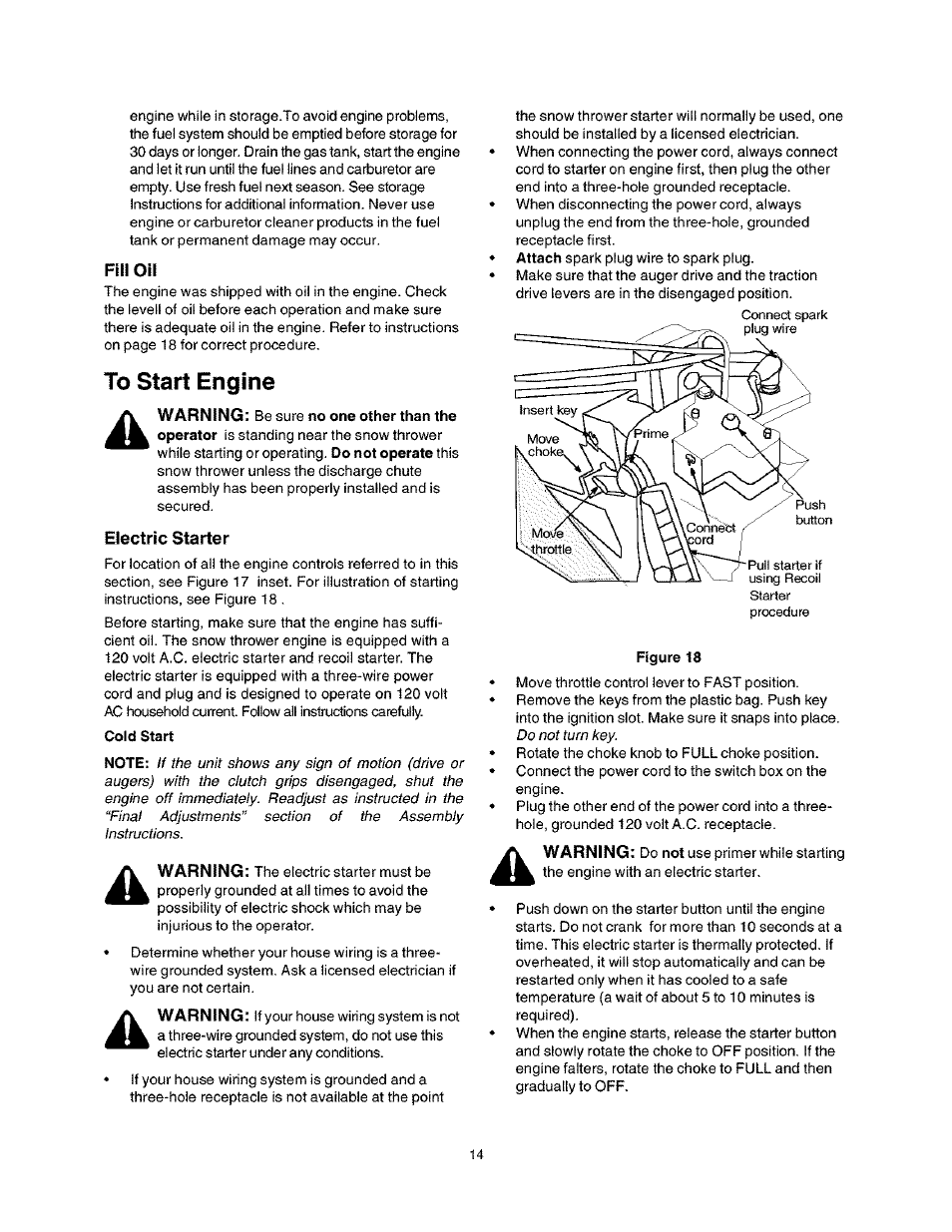 Fill oh, Electric starter | Craftsman 247.888530 User Manual | Page 14 / 64