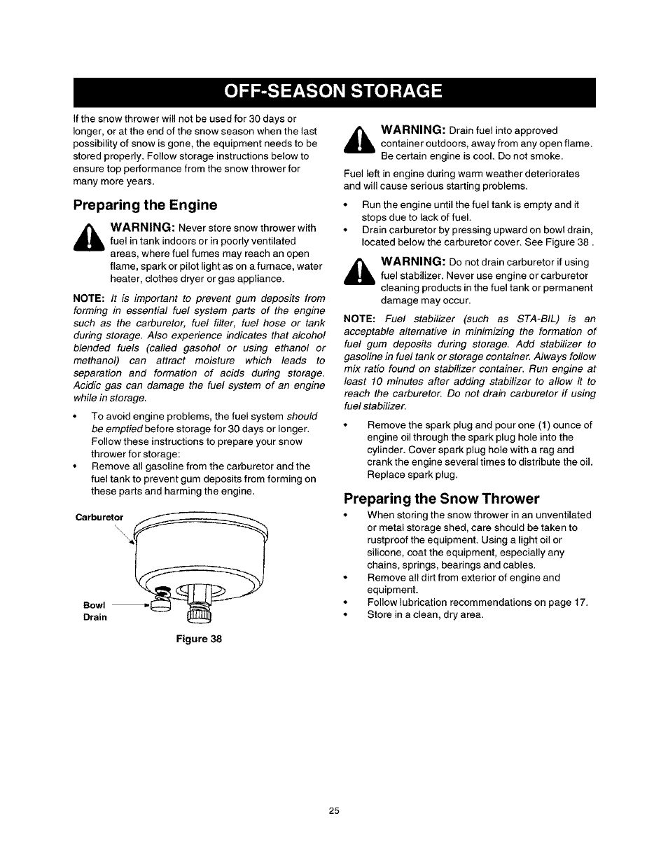 Off-season storage, Preparing the snow thrower | Craftsman 247.888530 User Manual | Page 25 / 64