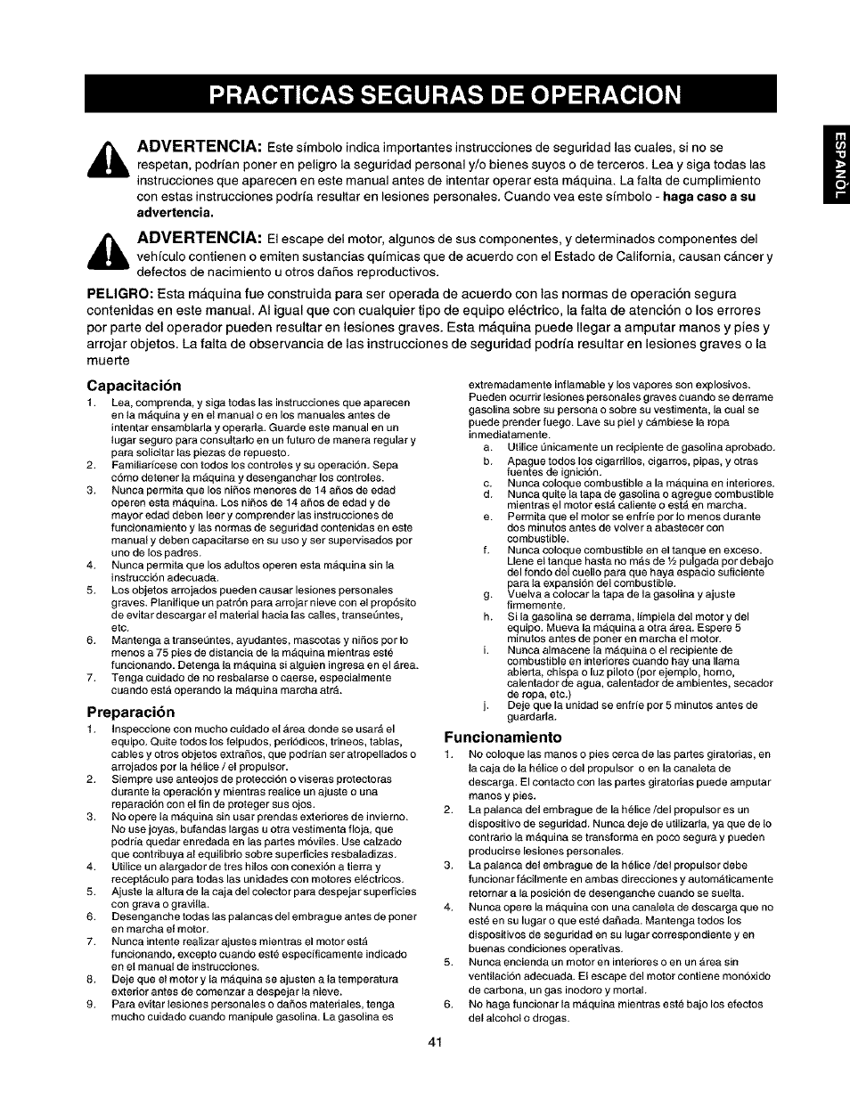 Practicas seguras de operacion, Capacitación, Preparación | Funcionamiento | Craftsman 247.888530 User Manual | Page 41 / 64