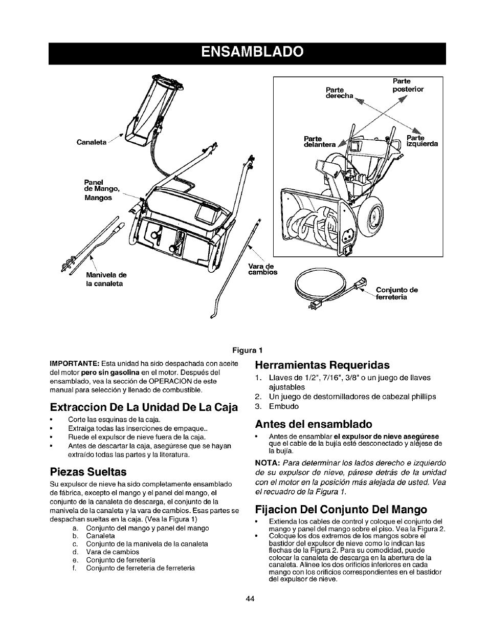 Ensamblado, Extracción de la unidad de la caja, Piezas sueitas | Herramientas requeridas, Antes dei ensambiado, Fijación dei conjunto dei mango | Craftsman 247.888530 User Manual | Page 44 / 64