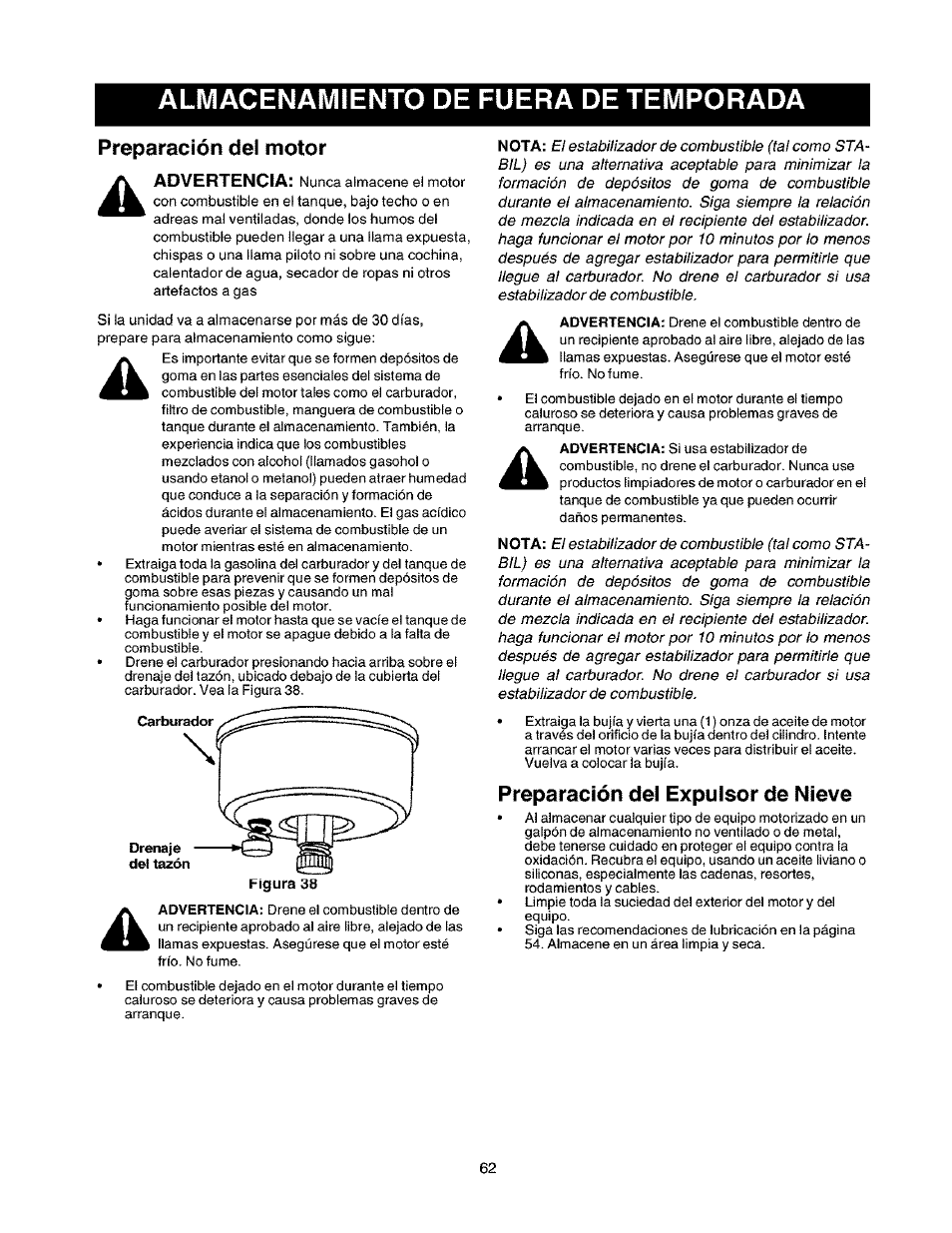Almacenamiento de fuera de temporada, Preparación del motor, Preparación del expulsor de nieve | Craftsman 247.888530 User Manual | Page 62 / 64