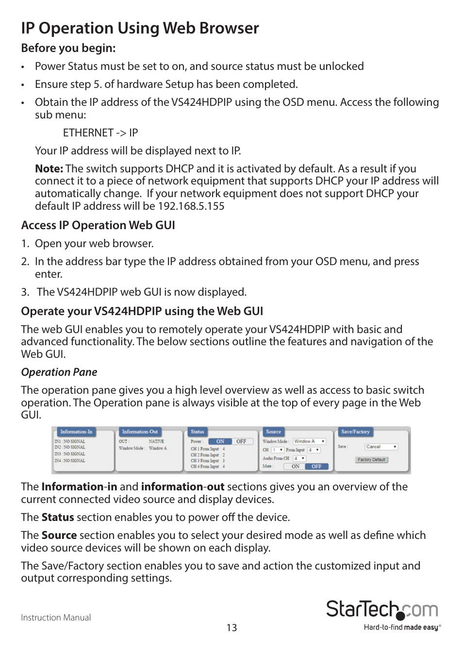 Ip operation using web browser | StarTech.com VS424HDPIP Manual User Manual | Page 16 / 22