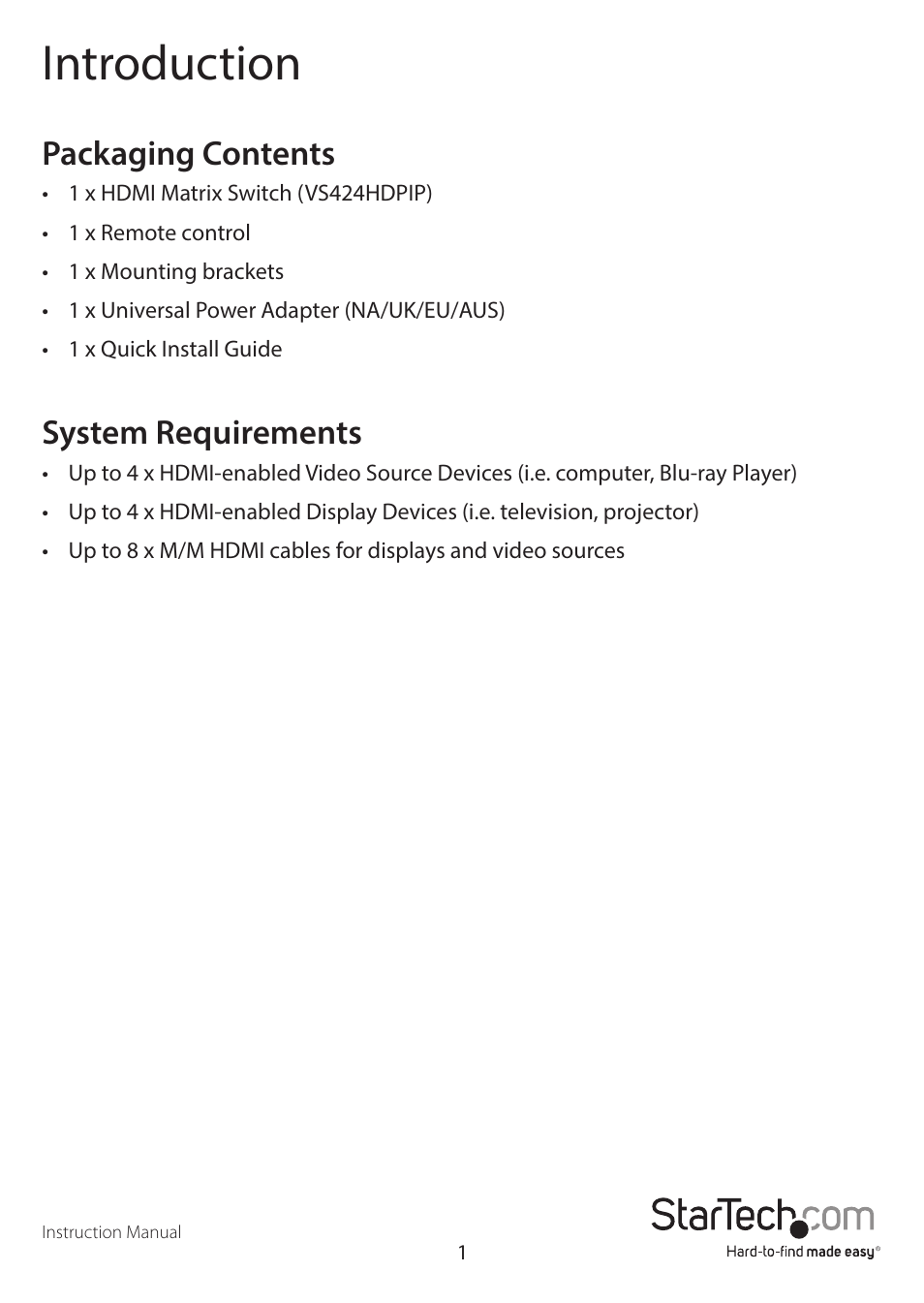Introduction, Packaging contents, System requirements | StarTech.com VS424HDPIP Manual User Manual | Page 4 / 22