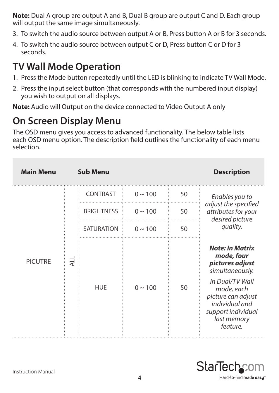 Tv wall mode operation, On screen display menu | StarTech.com VS424HDPIP Manual User Manual | Page 7 / 22