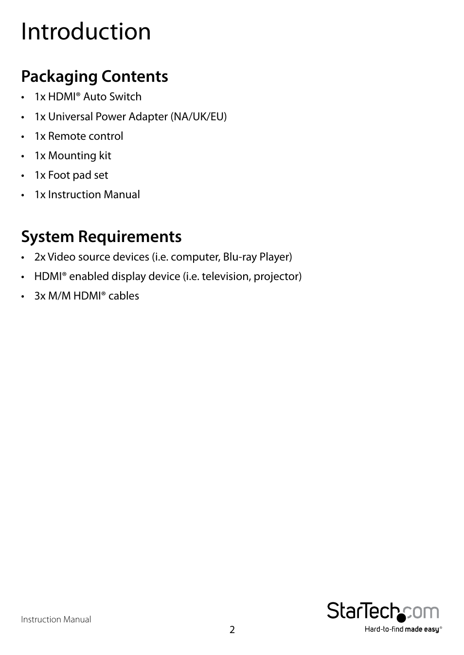 Introduction, Packaging contents, System requirements | Packaging contents system requirements | StarTech.com VS221HDQ User Manual | Page 5 / 10
