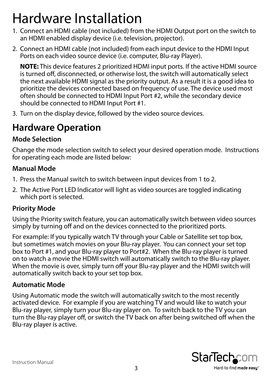 Hardware installation, Hardware operation | StarTech.com VS221HDQ User Manual | Page 6 / 10