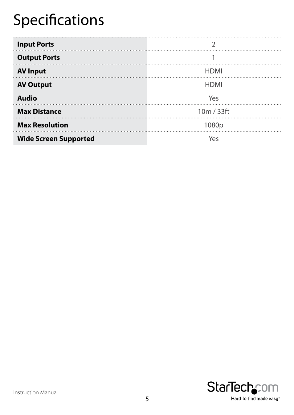 Specifications | StarTech.com VS221HDQ User Manual | Page 8 / 10