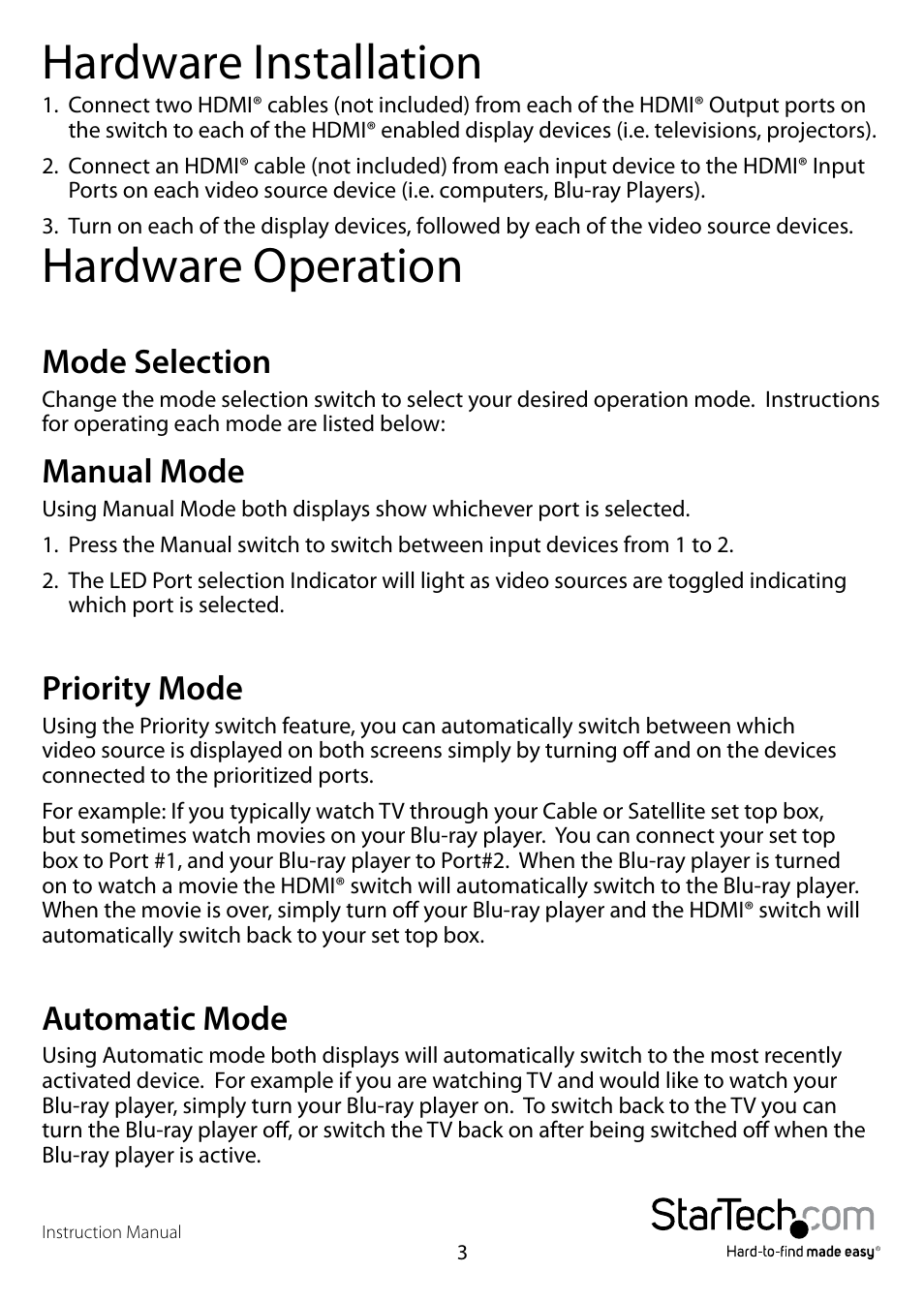 Hardware installation, Hardware operation, Mode selection | Manual mode, Priority mode, Automatic mode | StarTech.com VS222HDQ User Manual | Page 6 / 12