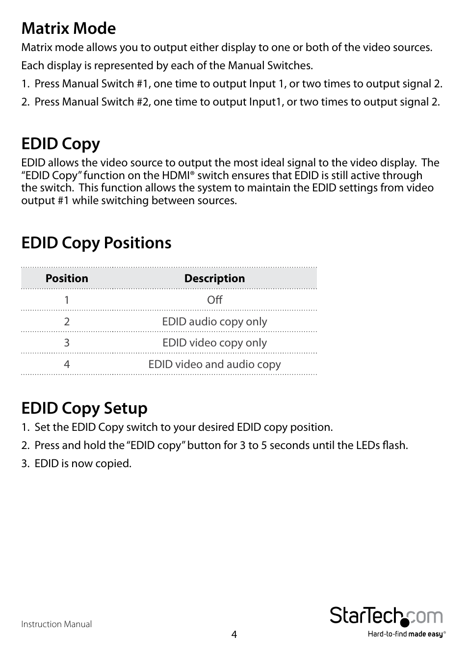 Matrix mode, Edid copy, Edid copy positions | Edid copy setup | StarTech.com VS222HDQ User Manual | Page 7 / 12