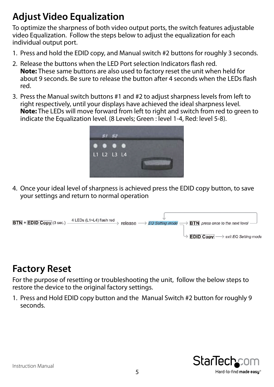 Adjust video equalization, Factory reset, Adjust video equalization factory reset | StarTech.com VS222HDQ User Manual | Page 8 / 12