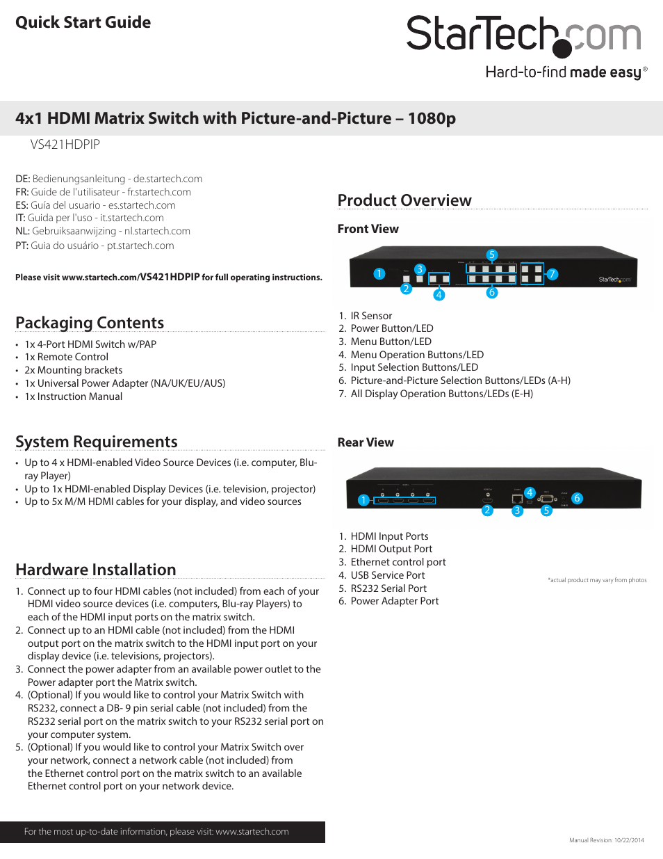 StarTech.com VS421HDPIP User Manual | 2 pages