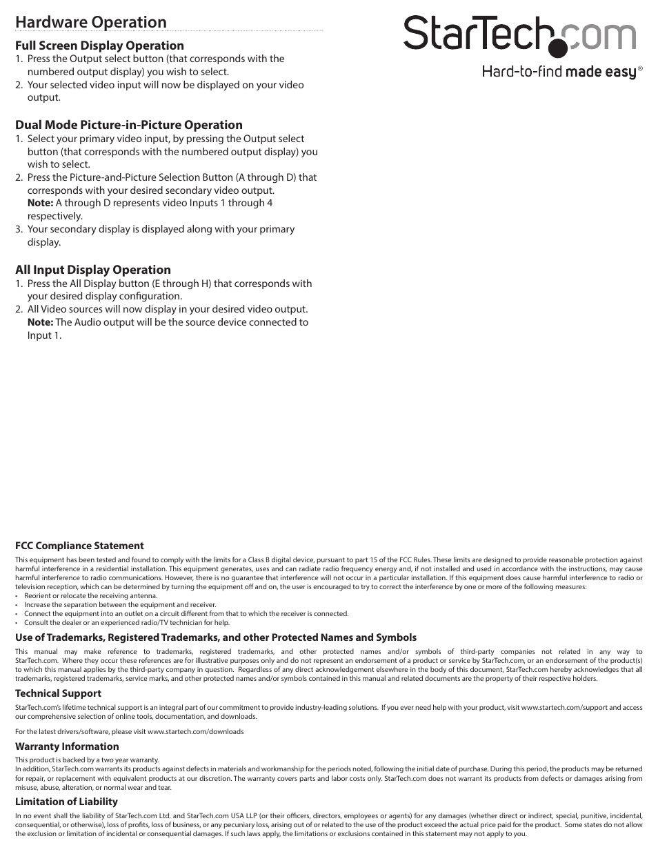 Hardware operation, Full screen display operation, All input display operation | Dual mode picture-in-picture operation | StarTech.com VS421HDPIP User Manual | Page 2 / 2