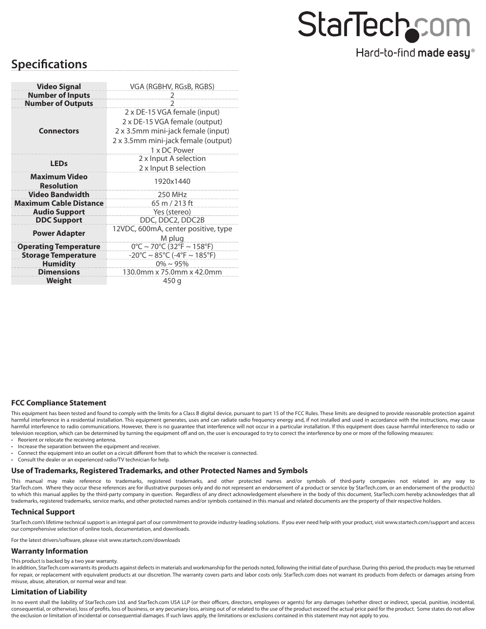 Specifications | StarTech.com ST224MXGB User Manual | Page 2 / 2