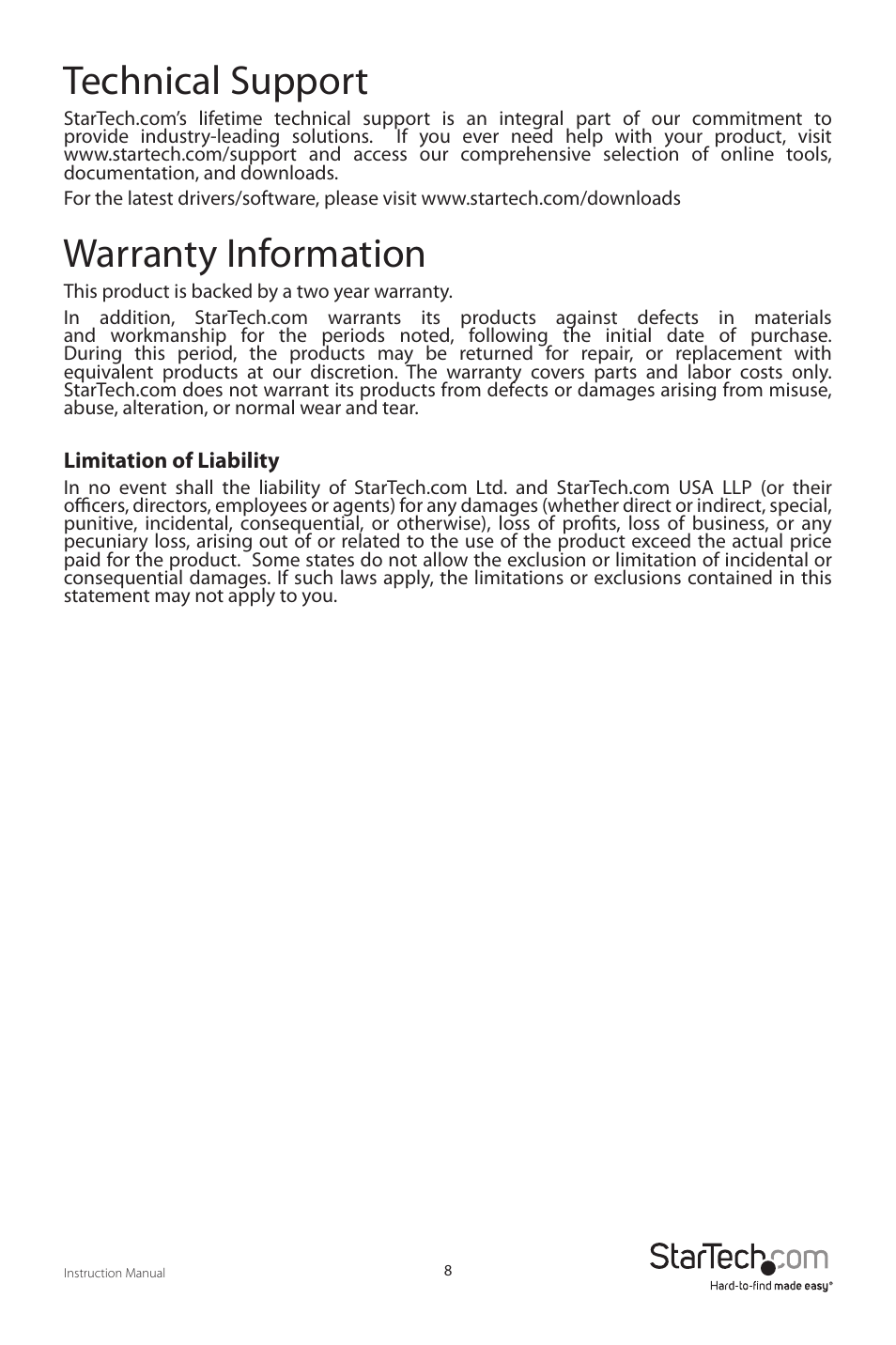 Technical support, Warranty information | StarTech.com VS410RVGAA User Manual | Page 11 / 12