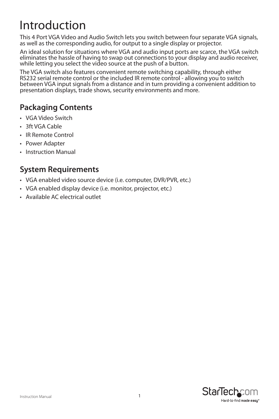 Introduction, Packaging contents, System requirements | StarTech.com VS410RVGAA User Manual | Page 4 / 12